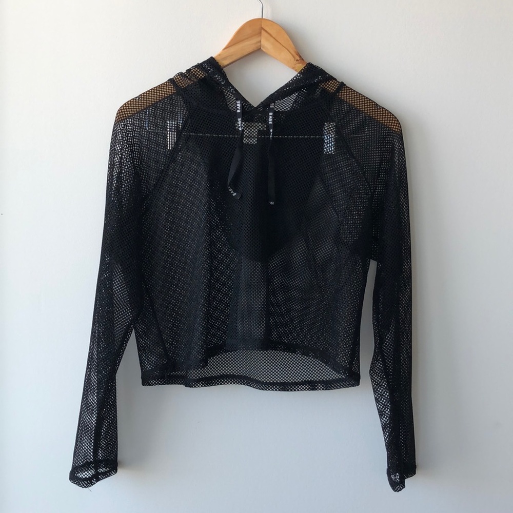 Black Mesh Top Cropped Long Sleeve Hoodie